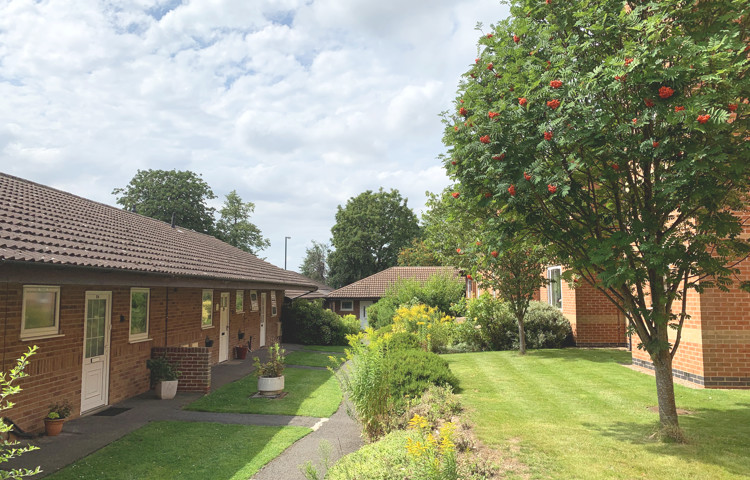 Garden path through sunny gardens at The Firs Complex