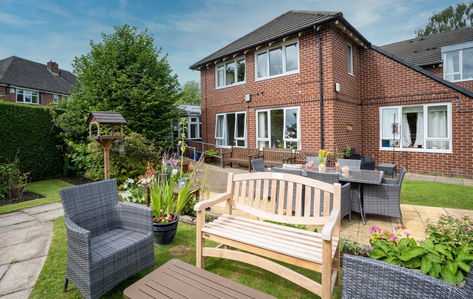 Seating area in the rear garden of Abbeyfield House, Bramhall SK7 1EE