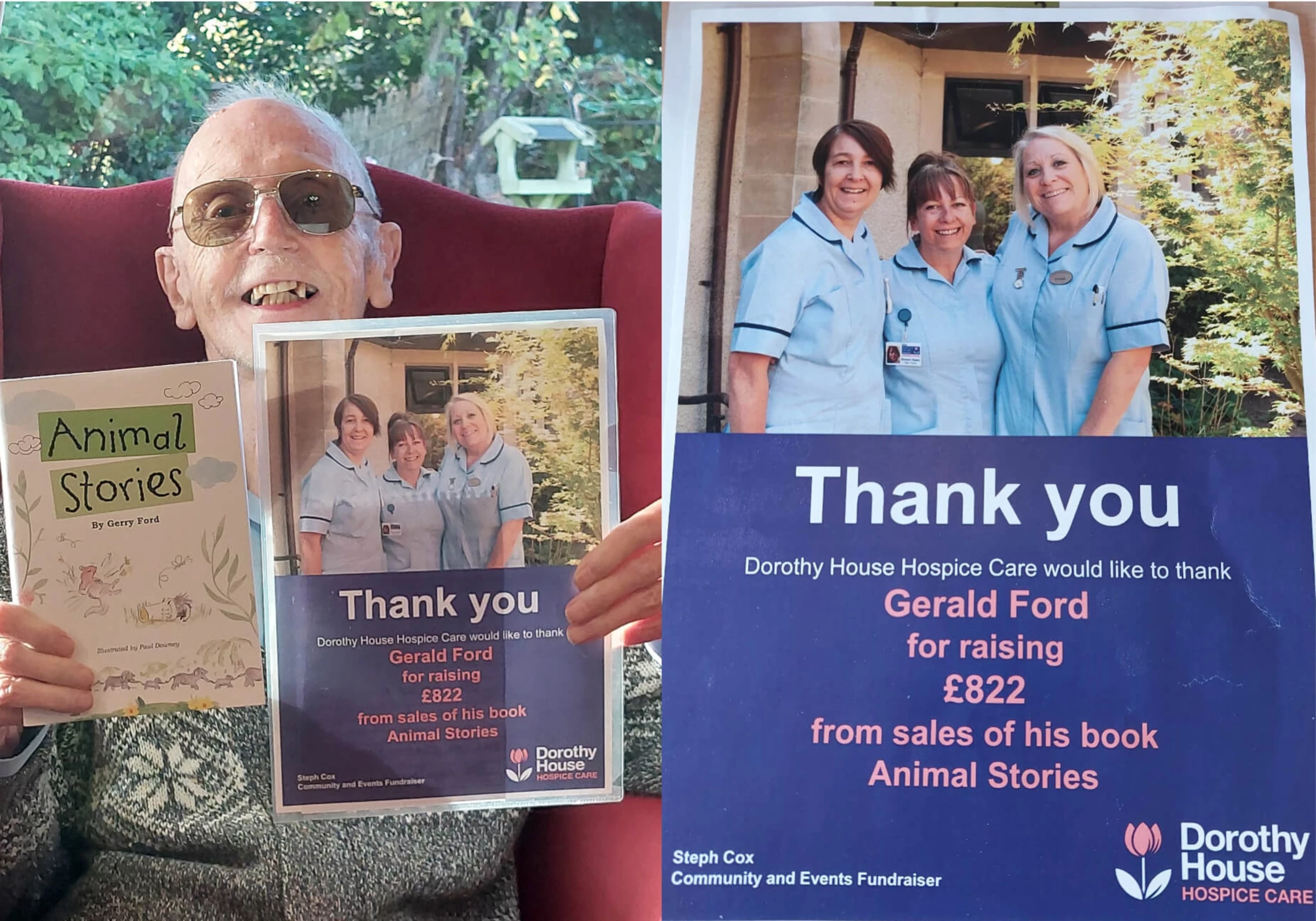 Gerry Ford, Westbury resident golding his book and thank you letter from Hospice