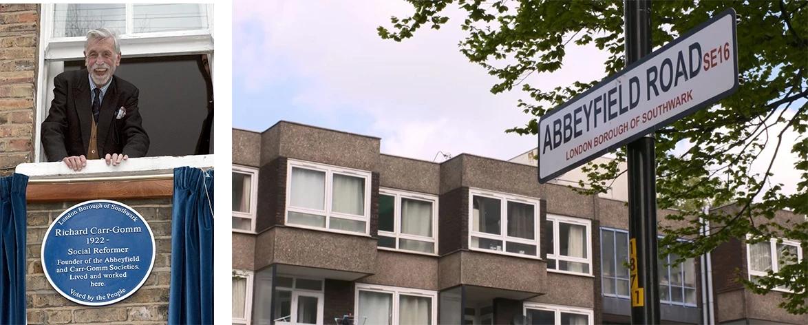 Richard Carr-Gomm smiling out of window and a photo of Abbeyfield Road