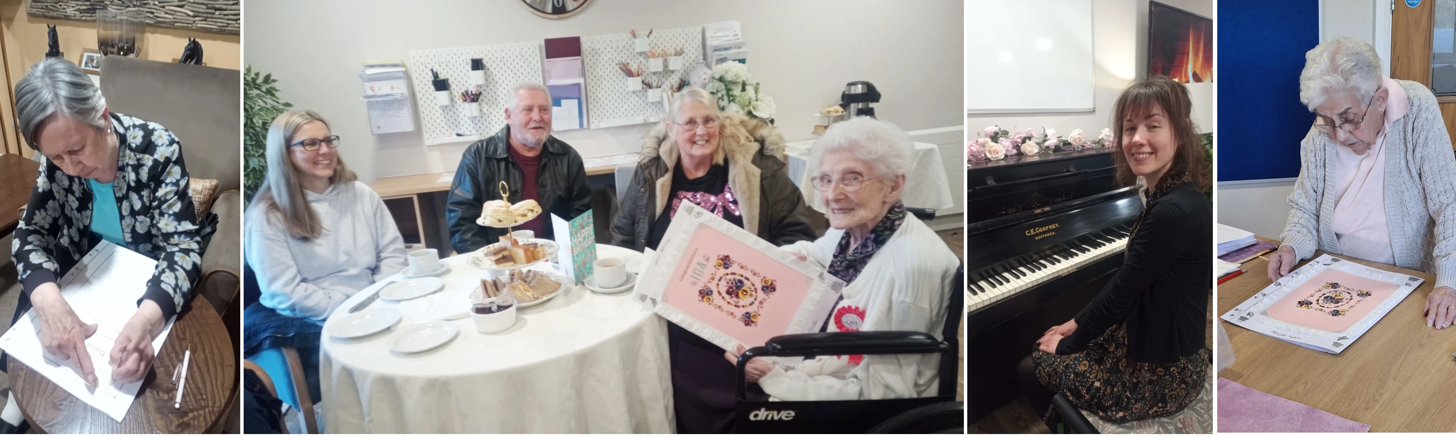 Collection of photos showing residents making and signing card and celebrations at Doris' 104th birthday