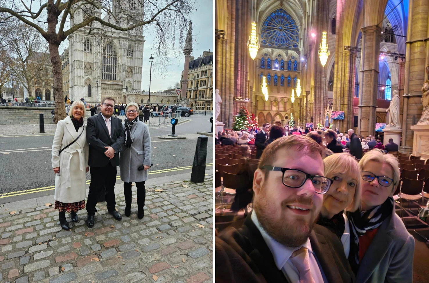 Collage of photos of staff and volunteers at Westminster Abbey for Together at Christmas Carol Service