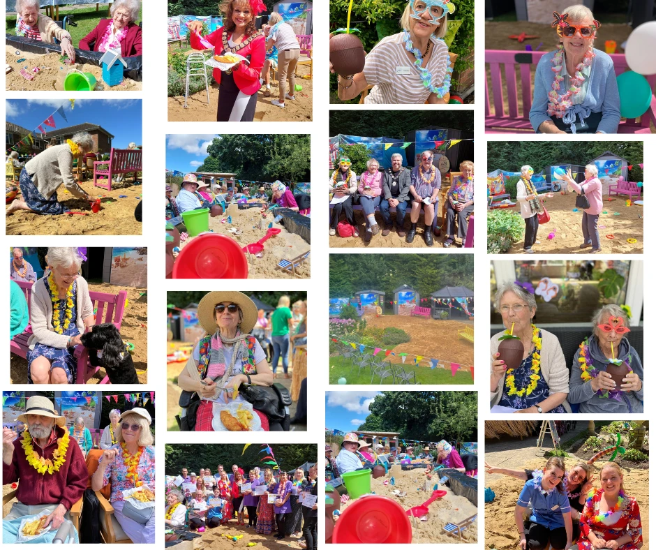 Collage of photos from Pratt House's beach party