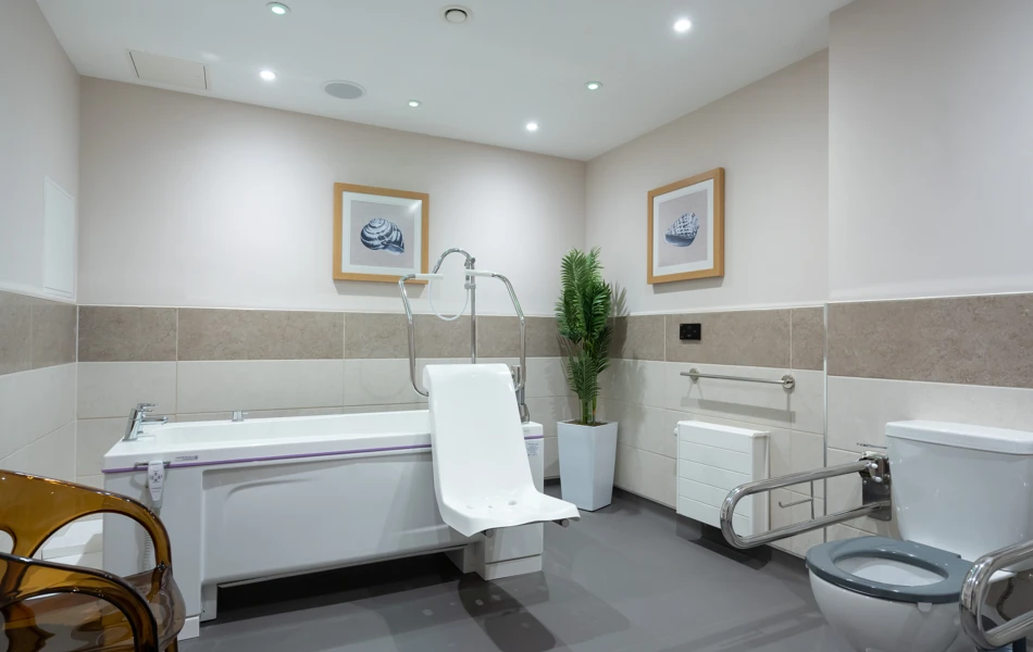 Modern assisted bathroom at Westall House Residential Care Home in Horsted Keynes, equipped with accessible features for resident safety and comfort.