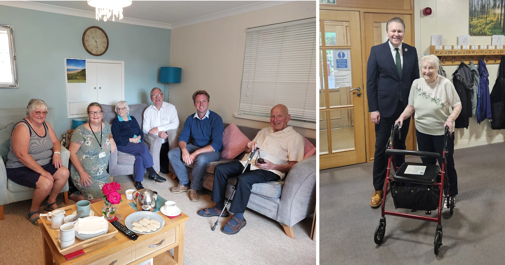 Collage of photos showing Joe Robertson MP meeting residents in Bembridge and Michael Payne MP who met Dot at Carnarvon House in Nottingham