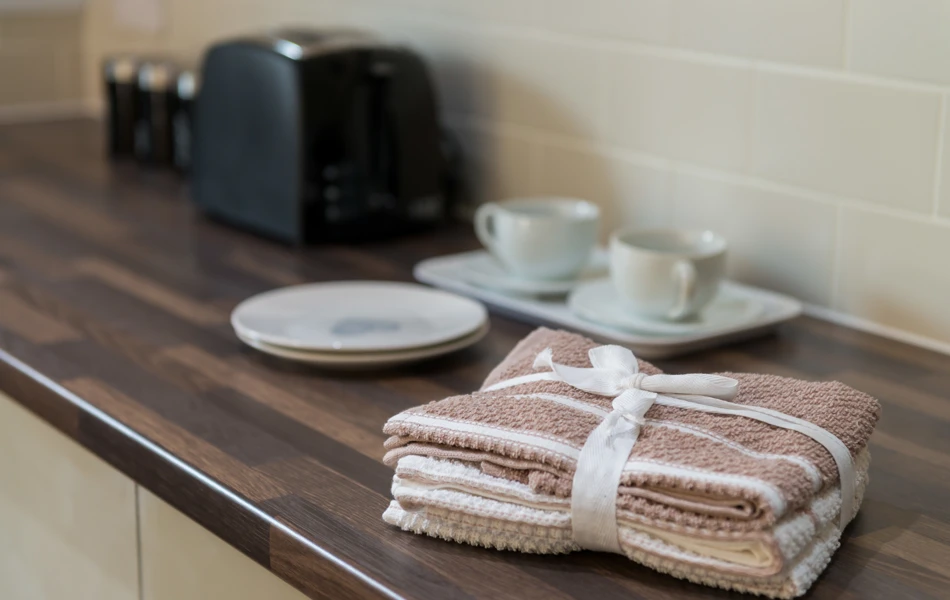 Tea towels and crockery on the kitchen side
